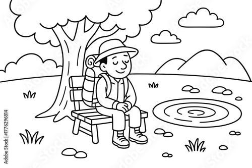 Traveler Pond Reflection. Peaceful reflection stop children?s coloring book illustration, outlined drawing, a traveler sitting calmly on a bench under a tree
