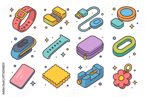 Colorful Wearable Accessories Icons. Wearable accessories. Colorful isometric vector icons set of Wearable accessories: watch band, magnetic clasp, charging