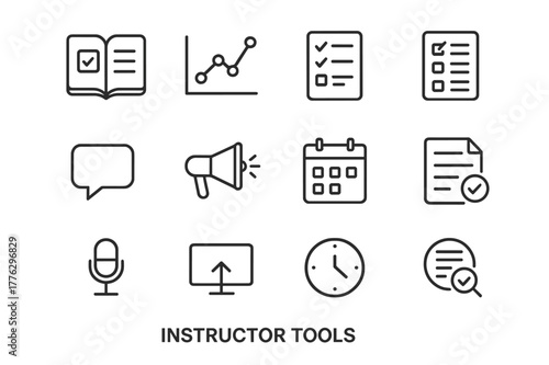 Instructor Tools Icons. Instructor tools. Line icon set of instructor tools: gradebook, analytics chart, attendance list, rubric, comment bubble, announcement,