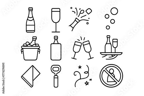 Champagne Icon Set. Champagne and Toasts. Line icon set of Champagne and Toasts: champagne bottle, flute glass, popping cork, bubbles, ice bucket, chiller