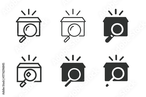 Intellectual Property Logos. Lawyers and clients discussing intellectual property cases. Set Logo of prior art search: archive box with magnifier and light