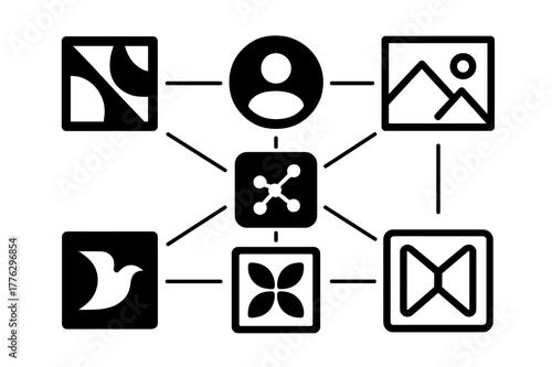 Art Network Algorithm. The impact of social media on the art world. Set Logo of algorithm network linking artworks: Abstract geometric, Iconic shape, Flat