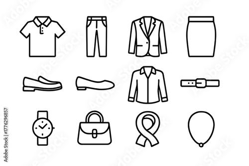 Business Casual Icons. Business casual. Line outline icon set of business casual: polo shirt, chinos, blazer,