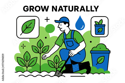 Sustainable Farming Iconography. Organic farming and eco-friendly practices. A farmer tending to lush green