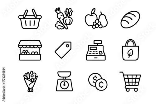 Grocery Icon Set. Grocery shopping. Line icon set of grocery shopping: shopping basket, fresh vegetables, fruits, bread loaf, vendor stall, price tag, cash
