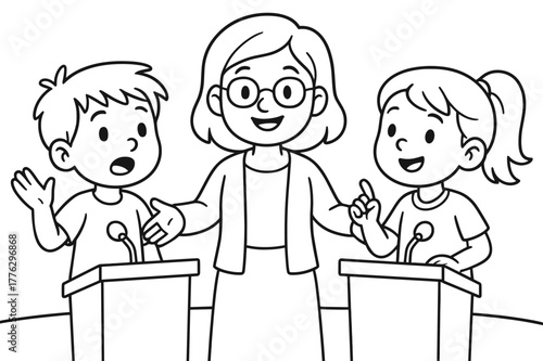 Kids' Debate Coloring Page. Debate for kids children?s coloring book illustration, outlined drawing, two friendly children standing at small podiums discussing