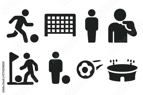 Match Scenario Icons. Match scenario. Filled icon set of match scenario: player shooting, goalpost, defender,