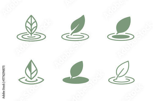 Mindfulness Logo Variations. Mindfulness and meditation. Set Logo of Mindfulness and meditation: leaf resting on water ripple. Icon set. harmonious logo