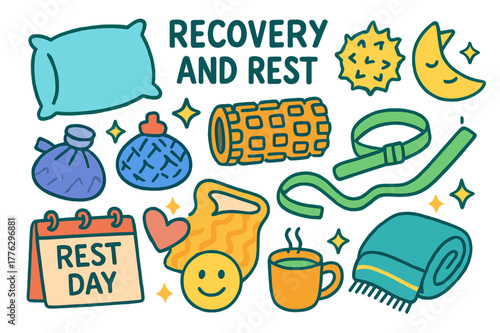 Colorful Restful Icons. Recovery and rest. Colorful Hand-drawn doodle Children illustration Recovery and rest pillow, moon, stars, foam roller, massage ball,