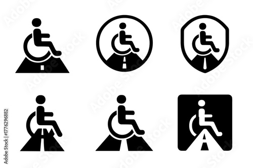 Universal Access Logos. Accessible transportation. Set Logo of universal access road emblem: Filled silhouette, Iconic shape, Symmetrical form, Minimal
