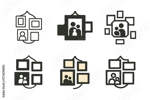 Family Photo Decor Icons. Personalizing home decor with family photos. Set Logo of personalizing home decor with family photos: picture frames on wall grid.