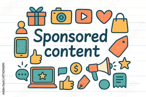 Colorful Sponsored Doodle Icons. Sponsored content. Hand-drawn doodle illustration of Sponsored content. Gift