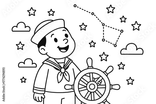 Sailor's Starry Sky. Stellar navigation children?s coloring book illustration, outlined drawing, a smiling sailor character looking up at the night sky with a