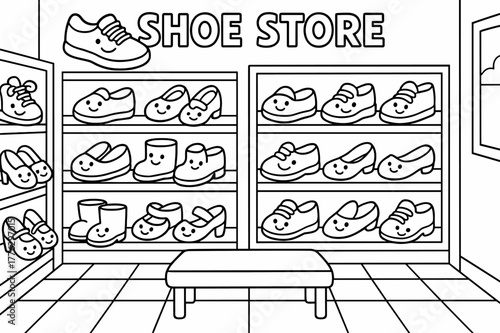 Children's Shoe Store. Shoe store children?s coloring book illustration, outlined drawing, cartoon shop with