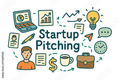 Startup Pitch Doodles. Startup Pitching. Hand-drawn doodle illustration of startup pitching. Laptop, charts,