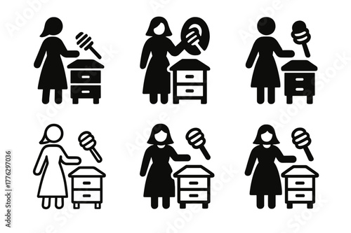 Rural Women Entrepreneur Icons. Women entrepreneurs in rural areas. Set Logo of women entrepreneurs in rural areas: beehive box with honey dipper. Icon set.