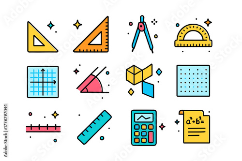 Colorful Geometry Icons. Geometry class. Colorful isometric vector icons set of Geometry class: right triangle, set square, compass, protractor, coordinate
