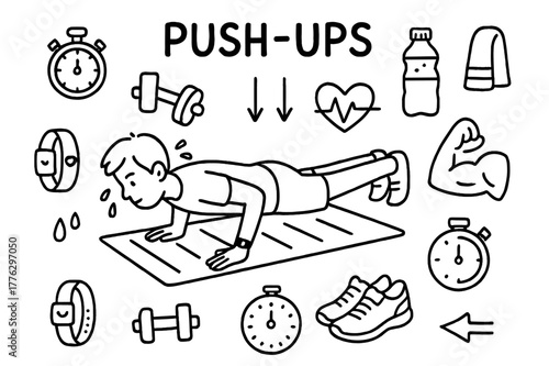 Push-Up Exercise Icons. Push-ups. Hand-drawn doodle illustration push-ups person doing push-up, exercise mat, dumbbell, stopwatch, water bottle, towel,