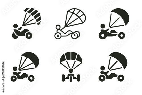 Kite Buggy Logos. Kite buggy. Set Logo of Kite buggy: traction kite towing sand buggy. harmonious logo variations of the same emblematic concept, each with