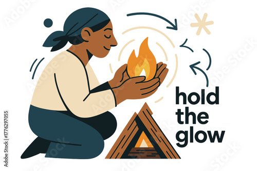 Keeper of the Hearth. Keeper of the Hearth ? Firelight Vigil. Hands cup the flame as logs settle into a neat triangle; gentle halo lines echo outward. Caption