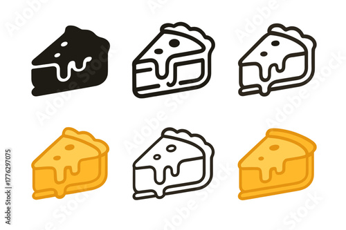 Quiche Logo Variations. Cheese quiche. Set Logo of Cheese quiche: melting cheese slice on crust. harmonious logo variations of the same emblematic concept,