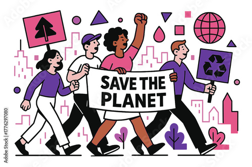 Vibrant Environmental Protest. Environmental Protests. Marchers carrying banners through city streets with floating abstract geometric shapes and environmental