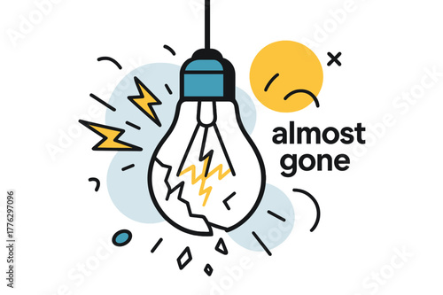 Flickering Bulb Glimmer. Broken Light Bulb. A hanging bulb flickers, its filament forming quick zigzag sparks before dimming. Text tag ?almost gone? hovers