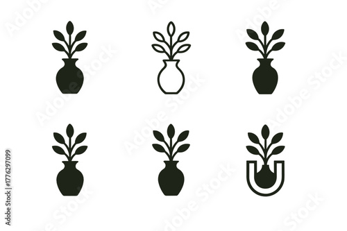 Vase Logo Variations. tabletop flower vase. Set Logo of tabletop flower vase: handmade pottery vase with branches. Icon set. harmonious logo variations of the