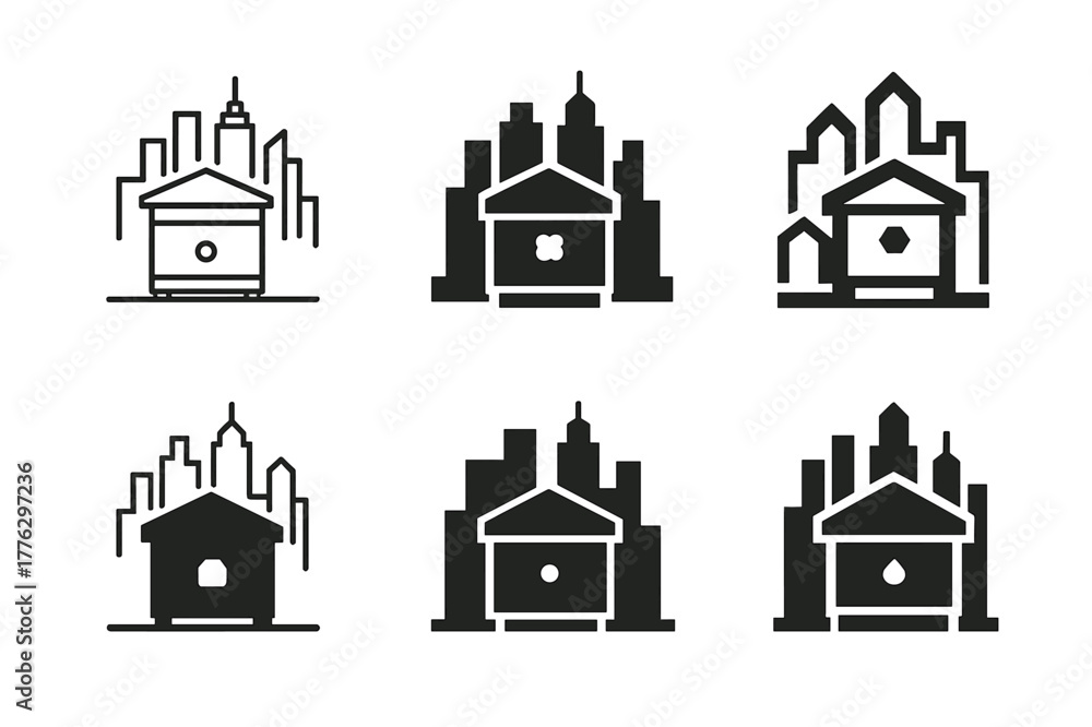 Fototapeta premium Urban Beekeeping Logos. Suburban beekeeping with urban landscapes. Set Logo of Suburban beekeeping with urban landscapes: hive box beside city skyline. Icon