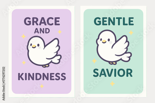 Kawaii Dove Banners. Grace. Two vertical A6 banners with safe margins, centered composition, no elements touching edges, kawaii, lilac and mint, smiling dove,