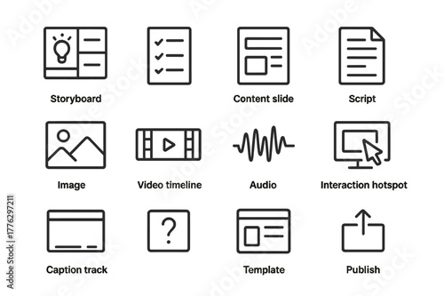 Course Design Icons. Course design and authoring. Line icon set of course authoring: storyboard, lesson plan, content slide, script, image placeholder, video