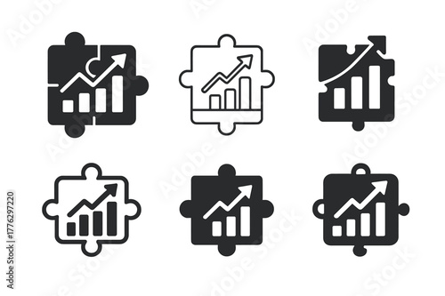 Marketing Logo Variations. Managing marketing teams and campaigns. Set Logo of Managing marketing teams and campaigns: puzzle pieces forming marketing chart.