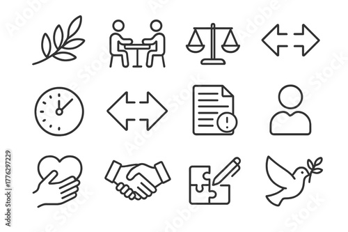 Conflict Resolution Icons. Conflict resolution. Line icon set of conflict resolution: olive branch, mediation table, balance scale, compromise arrows, timeout