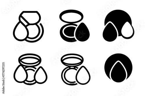 Cushion Compact Logos. Beauty blender and foundation. Set Logo of cushion compact: round compact with sponge pad. Icon set. harmonious logo variations of the