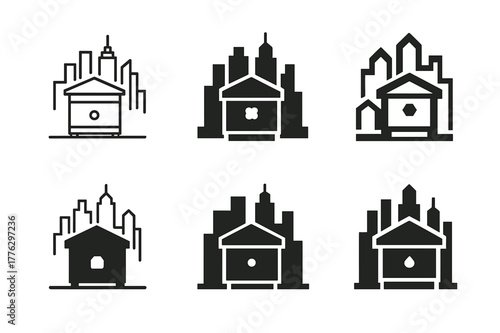 Urban Beekeeping Logos. Suburban beekeeping with urban landscapes. Set Logo of Suburban beekeeping with urban landscapes: hive box beside city skyline. Icon