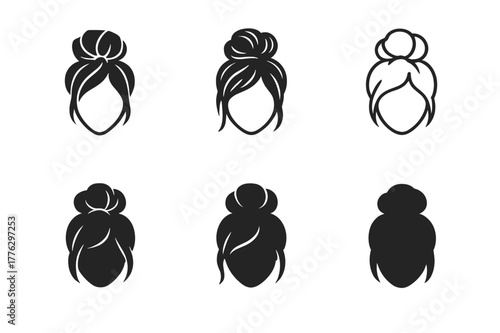 Messy Bun Logo Guide. Hairstyle step-by-step guide poster. Set Logo of hairstyle step-by-step guide poster: messy bun tutorial frames. Icon set. harmonious