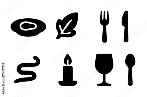 Gourmet Icon Set. Gourmet meals. Filled icon set of gourmet meals: plated dish, garnish leaf, covered cloche,