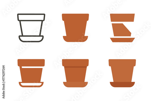 Plant Pot Logos. Plant pot. Icon set. Set Logo of plant pot: terracotta flower pot with saucer. harmonious logo variations of the same emblematic concept, each