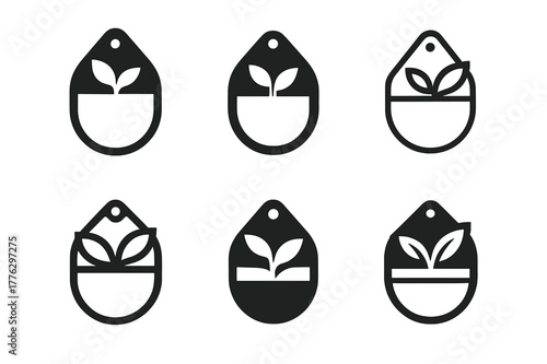 Plant Pot Logos. Plant pot. Icon set. Set Logo of plant pot: wall-mounted planter pocket. harmonious logo variations of the same emblematic concept, each with