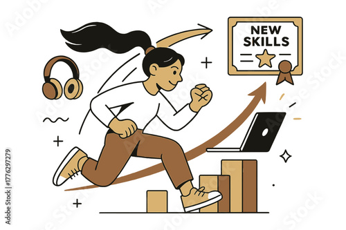 Upskilling in Motion. Upskilling sprint. Laptop, headphones, and progress bar arc upward; certificate icon flashes ?new skills.? Focused flow, small wins