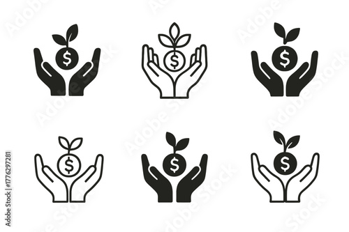 Microfinance Logo Variations. Microfinance. Set Logo of Microfinance: small seed coin in nurturing hands. harmonious logo variations of the same emblematic