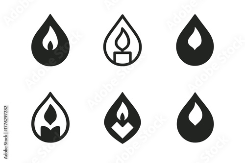 Candle Making Logos. Candle making with unique scents and colors. Set Logo of Candle making: essential oil droplet with candle flame. Icon set. harmonious logo
