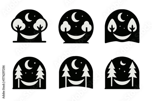 Moonlit Hammock Logos. Embracing solitude and personal time. Set Logo of moonlit hammock between trees: Symmetrical form, Negative space, Flat solid, Stylized