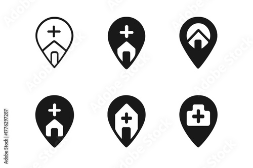 Telemedicine Logo Grid. Telemedicine consultations. Set Logo of location pin connected to clinic icon: Minimal outline, Abstract geometric, Filled silhouette,