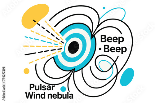 Pulsar Nebula Pulse. Pulsar Wind Nebula. A central pulse ring ripples outward; ?Beep ? Beep? ticks like a heartbeat beside magnetic field lines. Charged