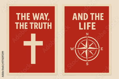 Guiding Truth Banners. Truth and Way. Two vertical A6 banners with safe margins, centered composition, no elements touching edges, bold, red and beige, cross