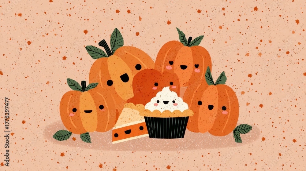 Obraz premium Warm thanksgiving celebration with playful pumpkin illustrations and cozy family atmosphere