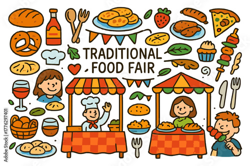 Colorful Food Fair Scene. Traditional food fair. Colorful Hand-drawn doodle Children illustration Traditional food fair food stalls, plates, dumplings,