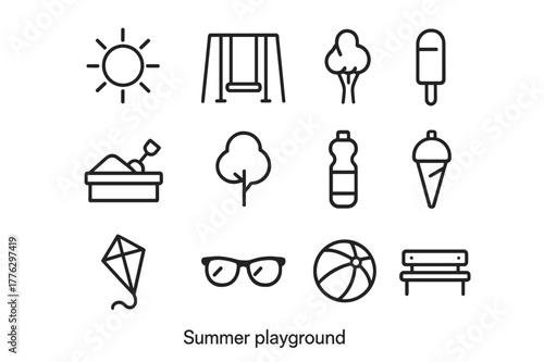 Summer Playground Icons. Summer playground. Line icon set of summer playground: sun, swing, slide, sandbox, tree, ice cream, water bottle, hat, sunglasses,