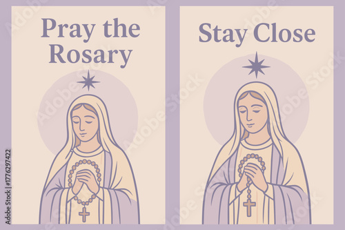 Rosary Prayer Banners. Our Lady of the Rosary. Two vertical A6 banners with safe margins, centered composition, no elements touching edges, pastel, lavender